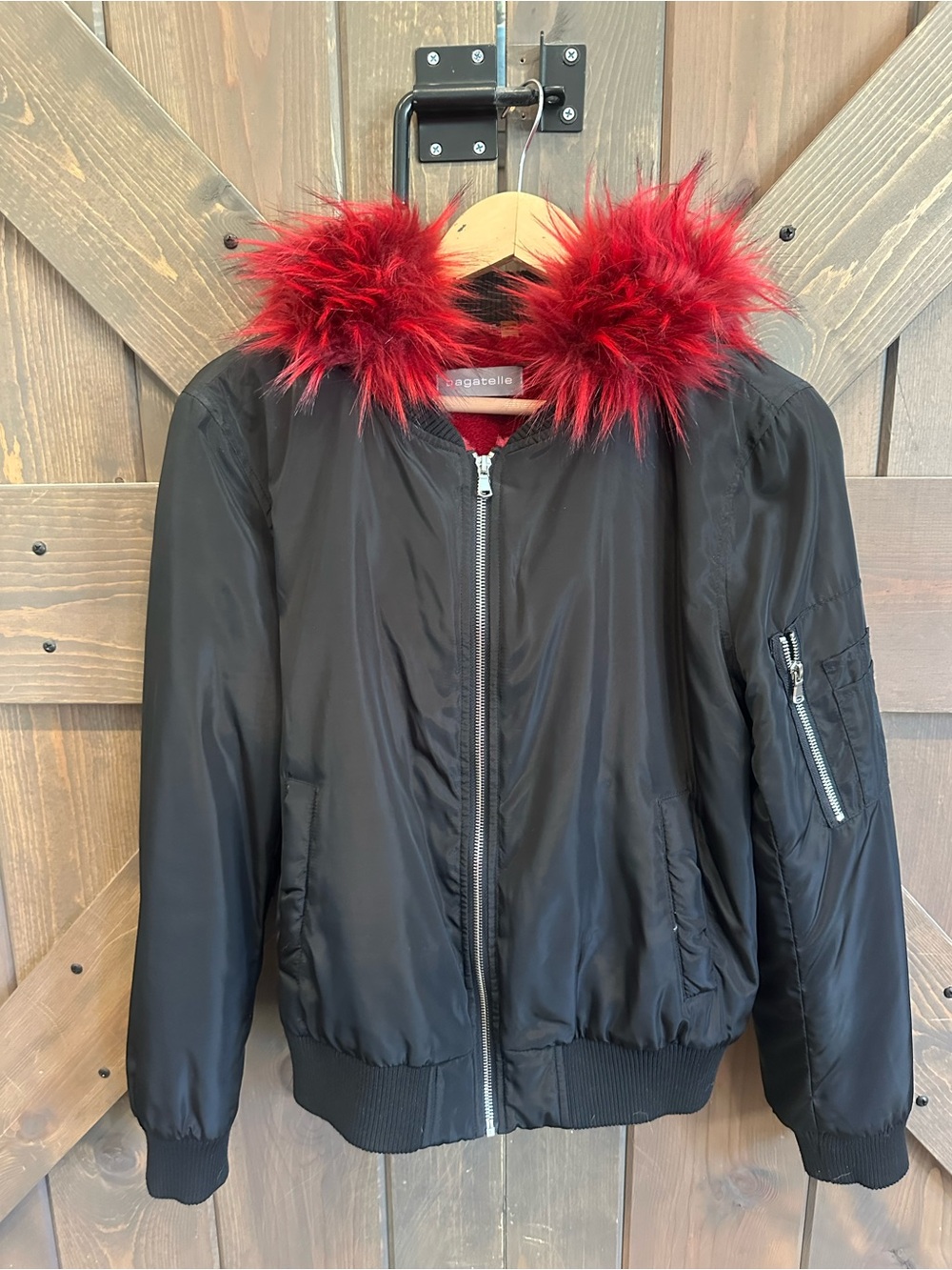 bagatelle Black Bomber Jacket with Red Faux-Fur Hood Trim